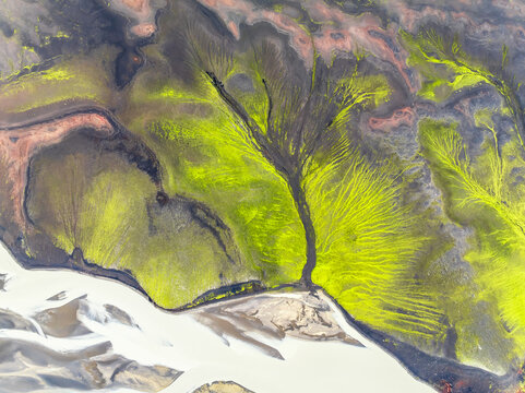 Moss and lichen create abstract patterns leading to a river from a glacier.