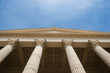 Portico, portal with columns, view from below, Nikolai Church, Potsdam, Brandenburg, Germany, Europe