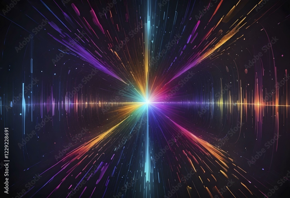 Aufkleber digital artwork with a symmetrical burst of colorful light rays in an abstract neon design, ai gener