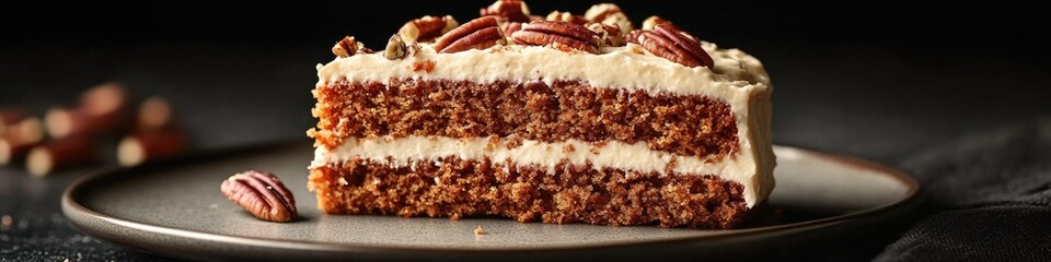 A slice of cake on a plate with pecans, perfect for dessert or snack