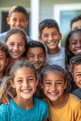 Fototapeta premium Happy diverse kids group portrait, summer outdoors, friendship, community