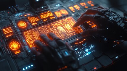 Obraz premium Hands on a high-tech keyboard with biometric scanner, futuristic security and access control 