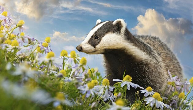 KI generated, animal, animals, mammal, mammals, biotope, habitat, one, individual, foraging, wildlife, european badger (Meles meles), summer, flowers