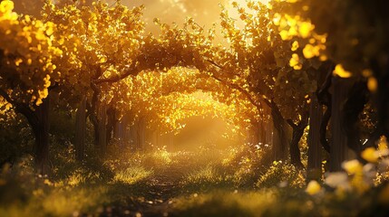 Autumn morning in the forest with sunlight on water and colorful leaves along a peaceful path