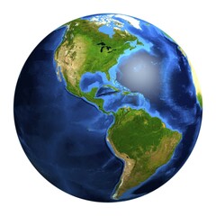 View of the Earth globe from space showing South and North America. Isolated on whiite background
