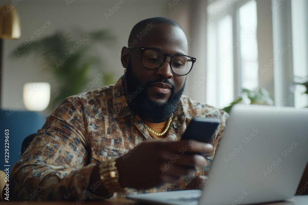 Poster man in patterned shirt using smartphone while working on laptop in a cozy indoor environment