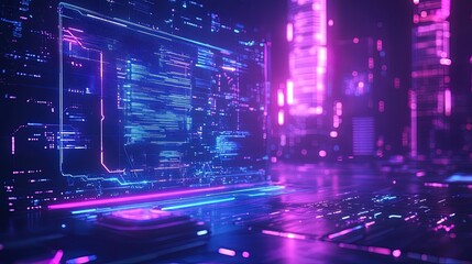 Obraz premium Futuristic workspace with a glowing, transparent computer screen, neon blue and purple hues, high 