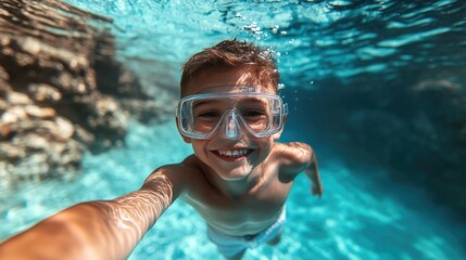Naklejka premium Young caucasian boy snorkeling underwater in clear blue ocean