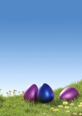 Three colorful Easter eggs on a grass background using as seasonal backdrop, Easter concept, 3d rendering