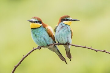 European bee-eater (Merops apiaster), two birds sitting on branch, Ruse Province, Bulgaria, Europe