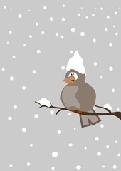 Depressive bird on a twig with snowfall, seasonal vector cartoon illustration