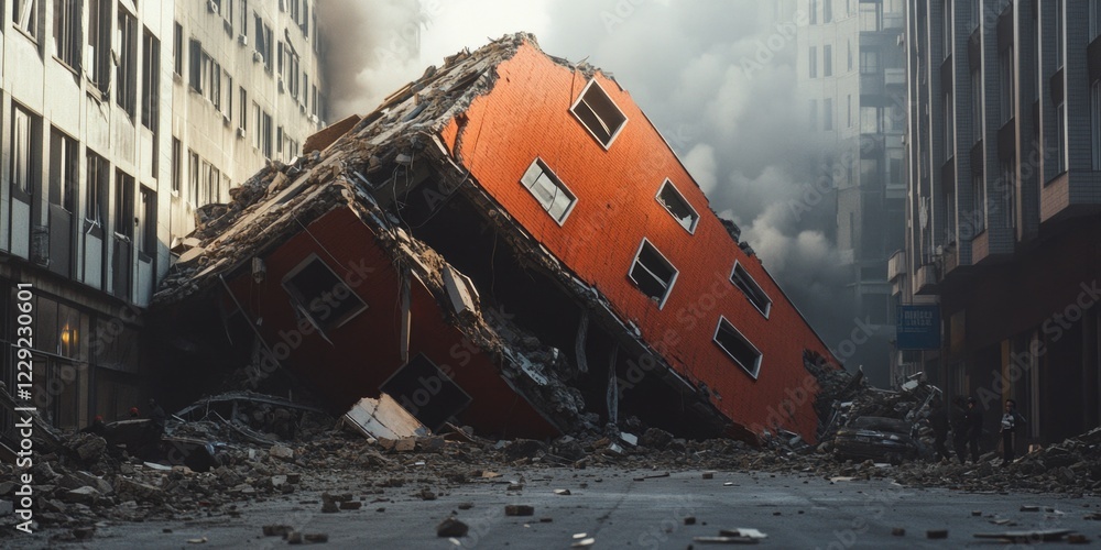 Poster a building with structural damage, tilting and about to collapse