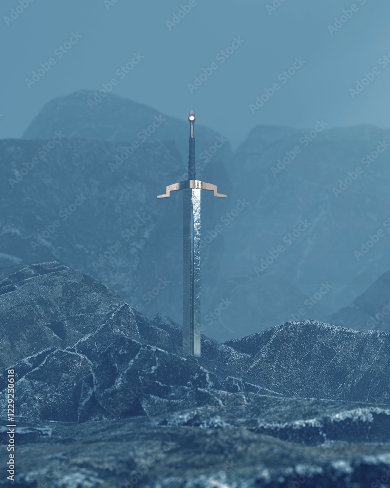 Aufkleber 3d render of a sword in the stone with a surreal background