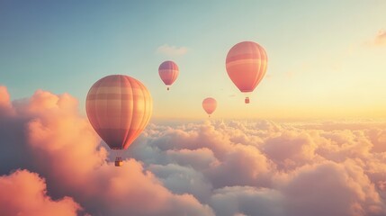 Naklejka premium dreamy image of balloons floating serenely in the air, surrounded by soft clouds and the bright morning sky.
