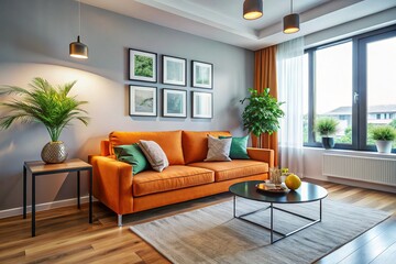 Elegant Modern Apartment Living Room with Orange Sofa and Blank Wall Frame