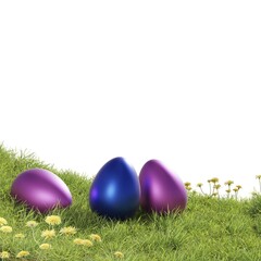 Three colorful Easter eggs on a grass background using as seasonal backdrop, white background, Easter concept, 3d rendering