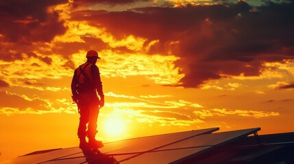 Obraz premium Construction worker installing solar panels 