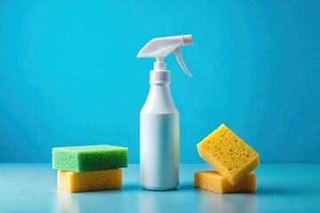 Floating Cleaning Supplies: White Spray Bottle & Sponges on Blue Background - Cleaning Concept Banner