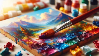 Fototapeta premium Close up of brush and oil painting