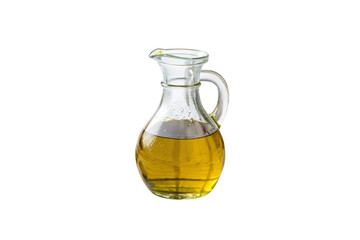 A clear glass pitcher filled with olive oil, reflecting its rich yellow hue under natural light, adding a touch of rustic charm, isolated on a transparent background