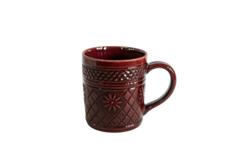 A deep red ceramic mug with intricate floral and lattice patterns, exuding warmth and artisanal craftsmanship, isolated on a transparent background