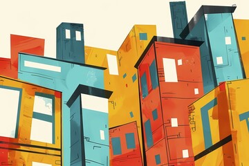 Vibrant abstract geometric cityscape with colorful stylized buildings conveying an energetic urban atmosphere, illustration, AI generated