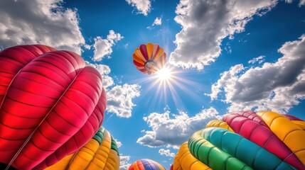Obraz premium dynamic image of colorful balloons reflecting sunlight, surrounded by clouds in a bright, blue sky.