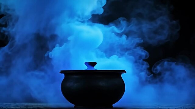 Blue smoke rising black cauldron