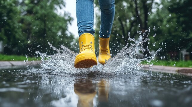Yellow rain boots splashing through puddle in park