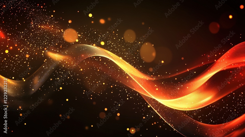 Poster dynamic tech background with swooshing light trails and particle effects.