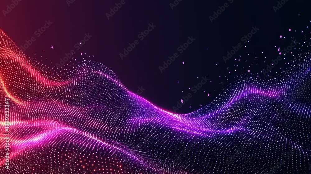 Poster dynamic tech background with swooshing light trails and particle effects.