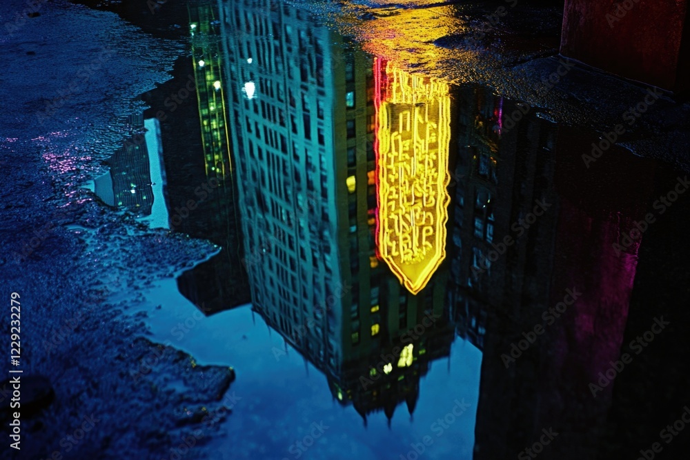 Poster a calm puddle reflects the surrounding building's architecture, suitable for use in cityscape or arc