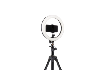 A professional tripod-mounted LED light surrounds a smartphone, symbolizing modern content creation tools, isolated on a transparent background