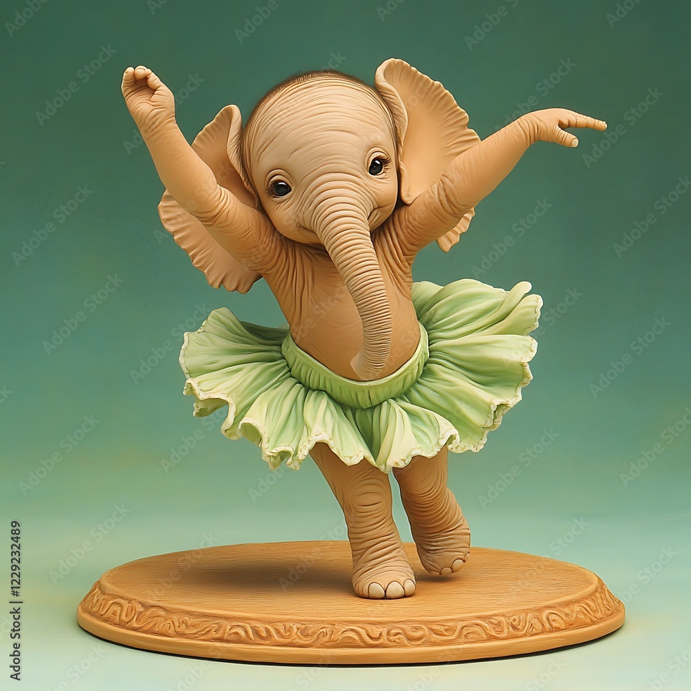 Poster Bornean Pygmy Elephant, Charming Tiny Pygmy Elephant Ballet Dancer in Seafoam Tutu with Joyful Pose Against Soft Green Background in Playful Artistic Representation