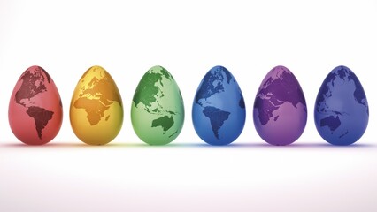 Colourful Easter eggs, painted with different continents, 3D illustration
