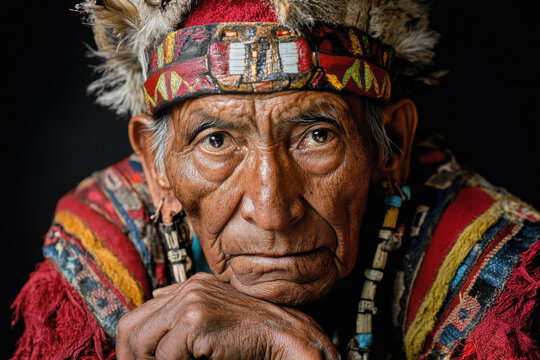 Portrait of a Bolivian Tinku dancer in traditional costume, Bolivia