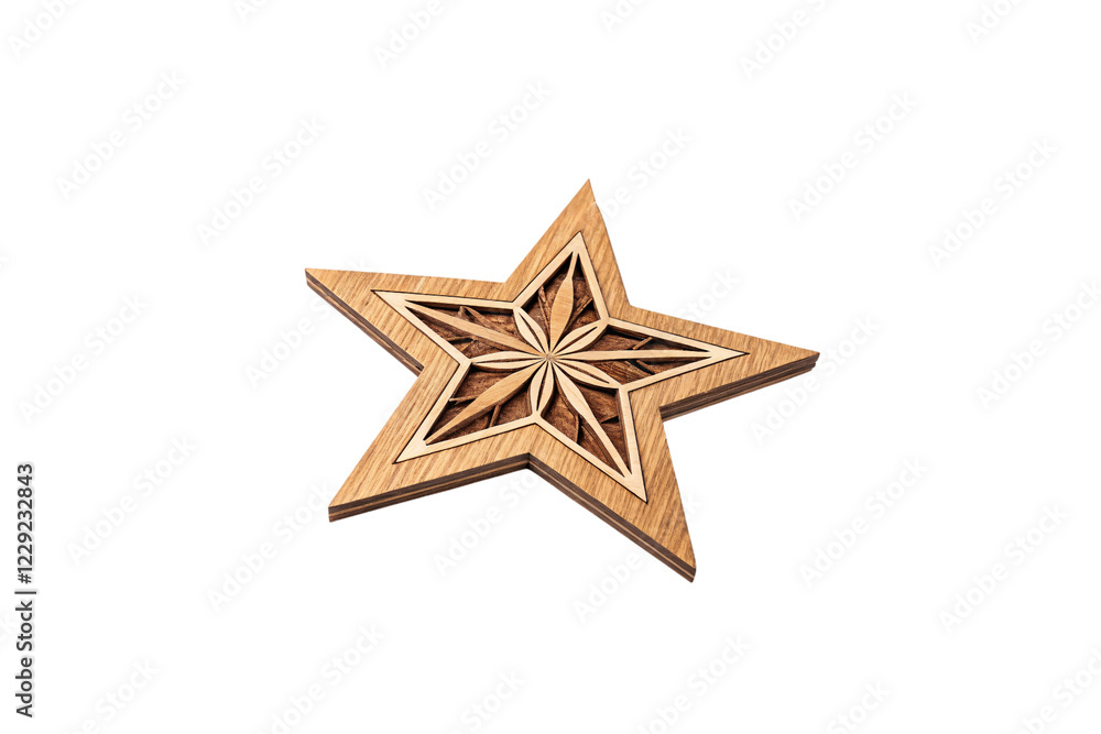 Poster a star featuring geometric wooden layers and bold lines, creating depth and a harmonious aesthetic, 