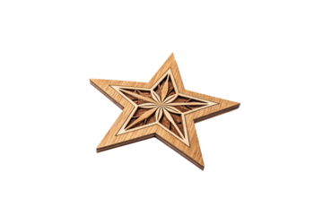 A star featuring geometric wooden layers and bold lines, creating depth and a harmonious aesthetic, isolated on a transparent background