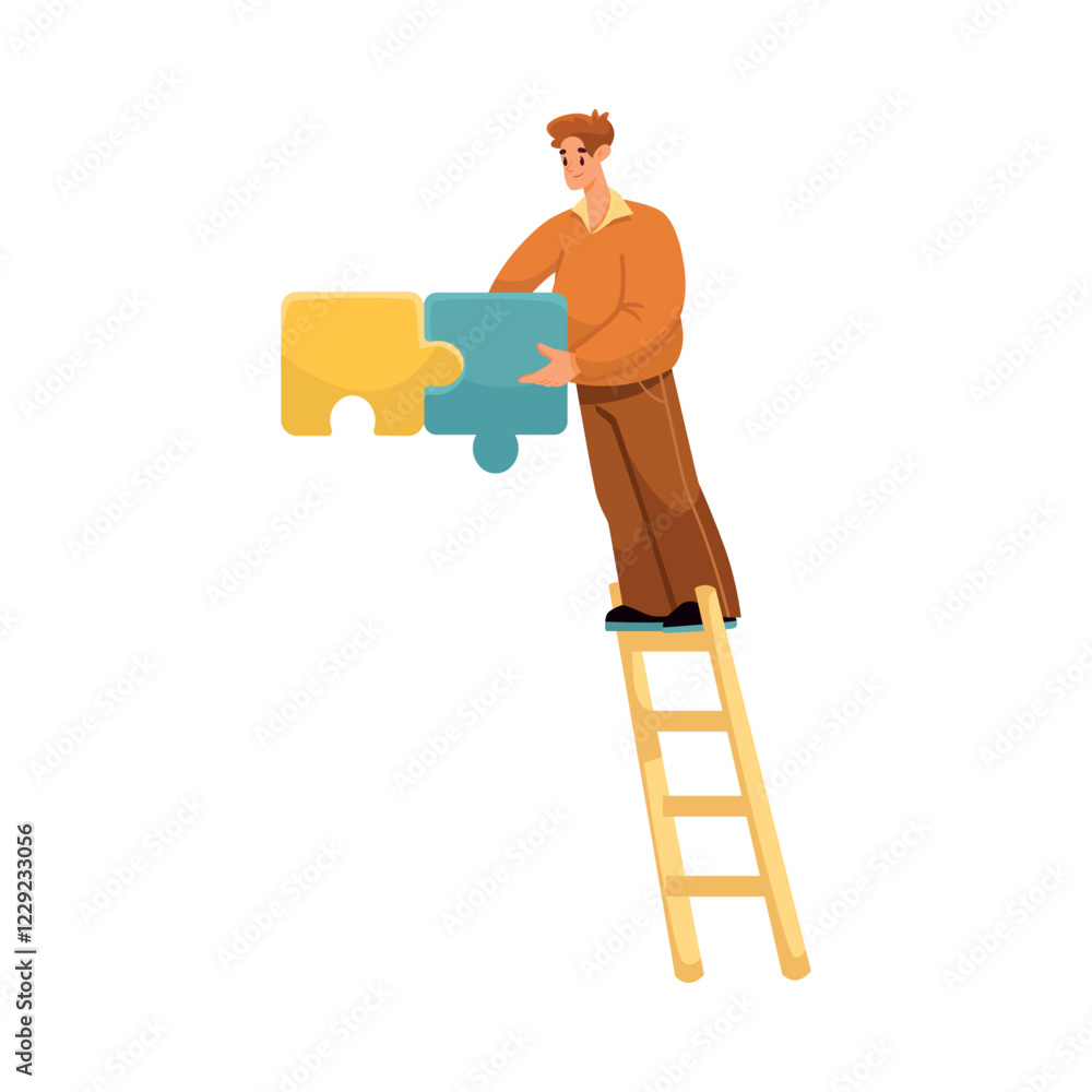 Aufkleber man team member character hold jigsaw puzzle on ladder vector illustration