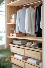 A stylish wardrobe with neatly organized shirts and linens.