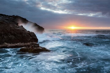 Surf, rocky coast with foaming waves at sunset, Puerto de la Madera, Tacoronte, Tenerife, Canary Islands, Spain, Europe