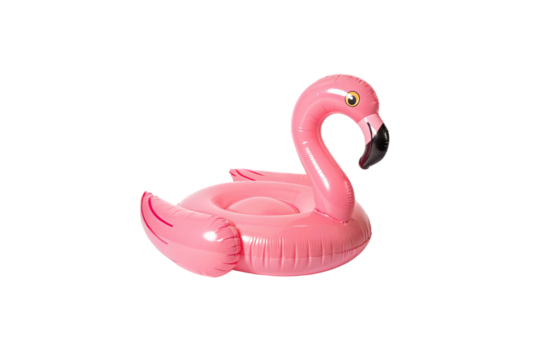 A vibrant pink flamingo pool float with detailed features, including a black beak and striking yellow eyes, playful and eye-catching, isolated on a transparent background