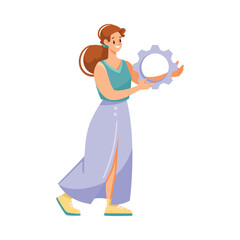 Woman Team Member Character Hold Cogwheel Vector Illustration