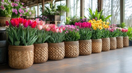 Vibrant spring flowers in woven baskets on a wooden patio