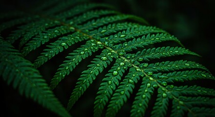 Close-up of a vibrant green fern leaf with water droplets, symbolizing freshness, nature, purity, and tranquility, perfect for botanical, rainforest, wellness, eco-friendly, and environmental concepts