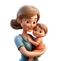 Mother Holding Baby Smiling Joyfully in Bright Cartoon Style