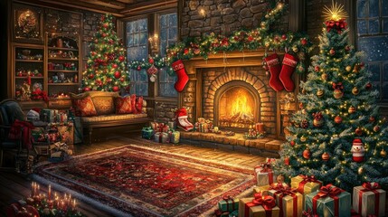 festive holiday background featuring a cozy fireplace, stockings, and a beautifully decorated Christmas tree glowing warmly