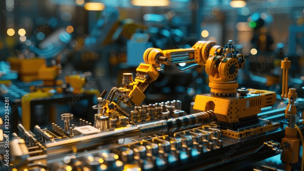 Poster robotic arm working in a modern factory. close up of robotic arm machine working and packing the pro