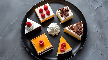 Beautifully arranged plate featuring multiple types of cakes