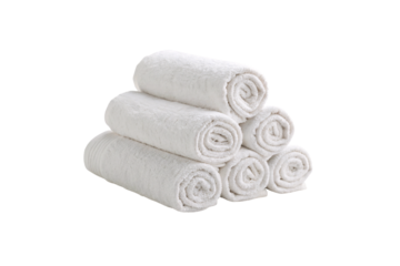 Fresh white towels rolled and stacked neatly, evoking purity, cleanliness, and relaxation, isolated on a transparent background